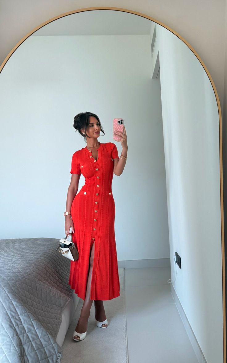 ZEYA Milena Ribbed Knit Midi Dress in Red