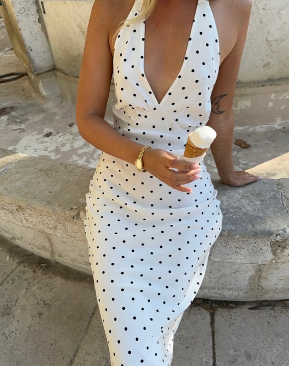 Elizabeth Polkadott Halter Midi-Kjole