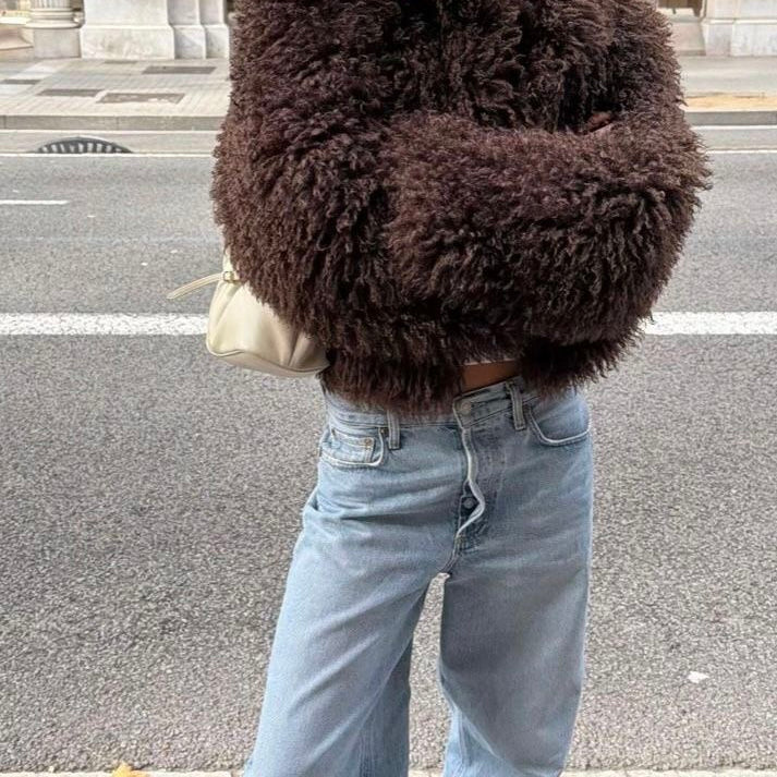 ZEYA Almira Fuzzy Faux Fur Coat in Brown