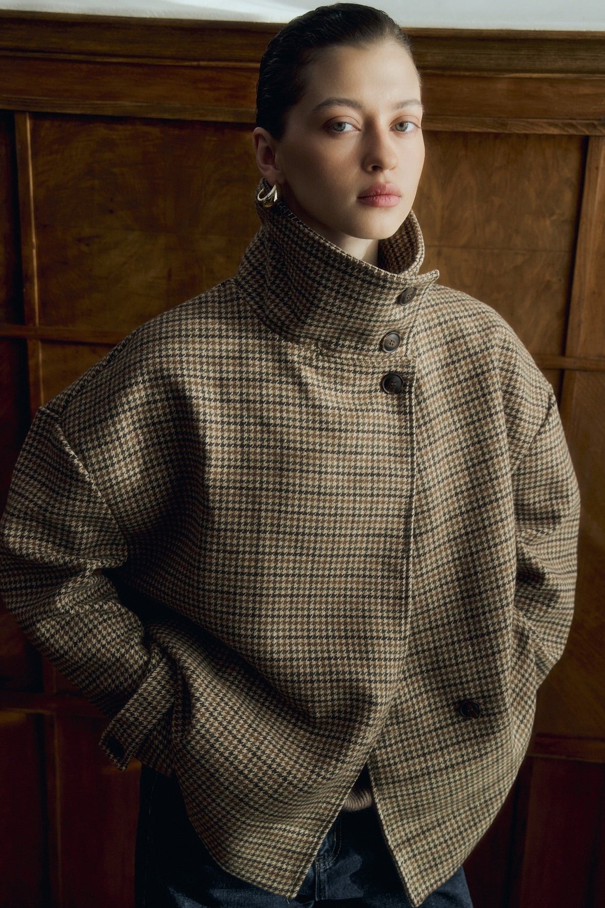 ZEYA - Amy Funnel Neck Houndstooth Short Jacket