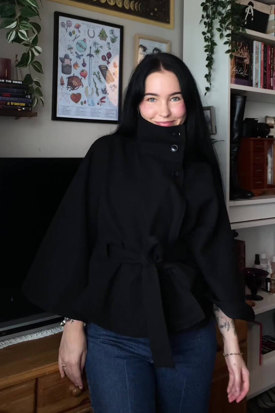 ZEYA - Arianne Elegant High - Neck Belted Cape Jacket