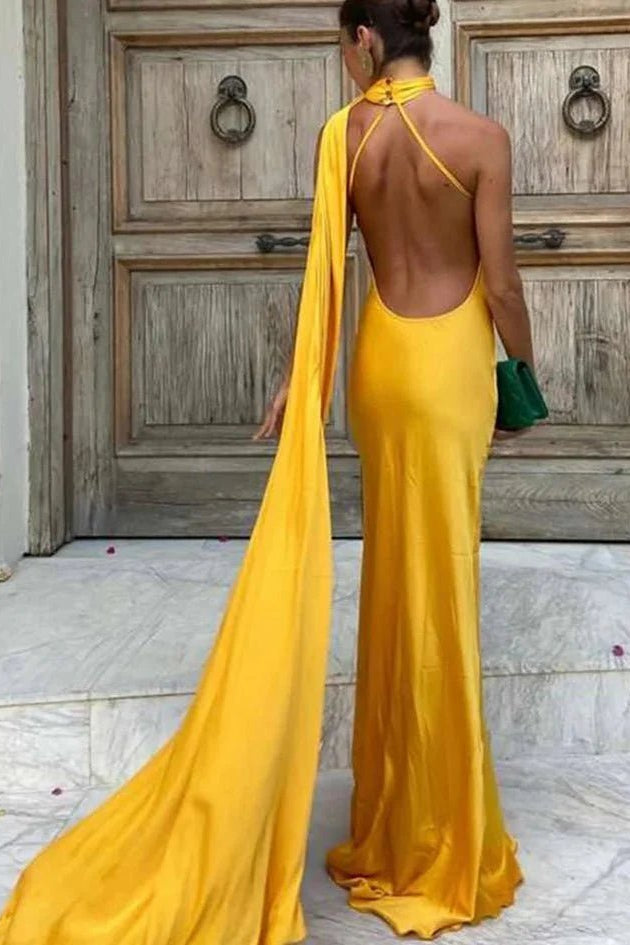 ZEYA - Celeste Satin Halter Backless Evening Gown