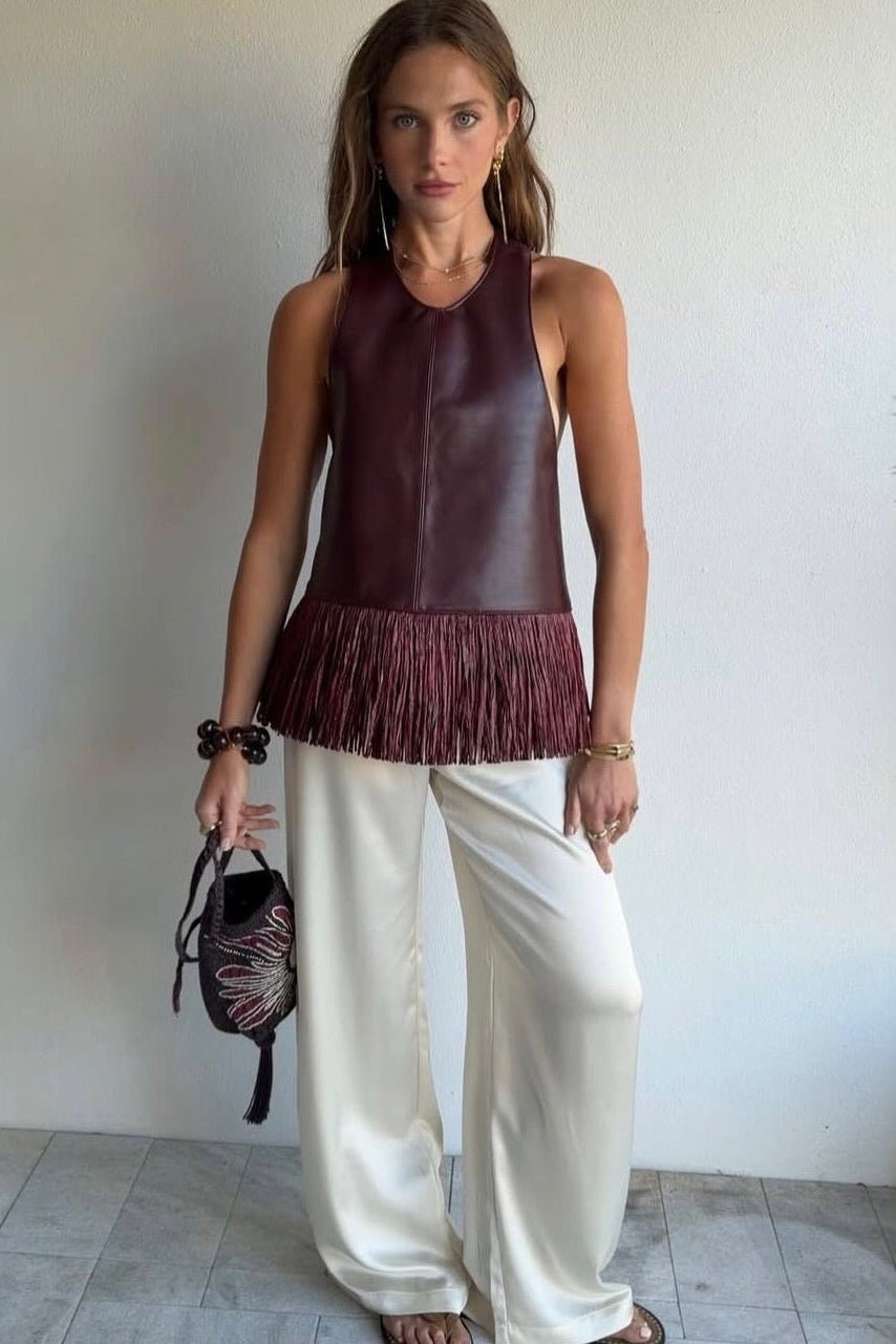 ZEYA - Gina Faux Leather Fringe Halter Top