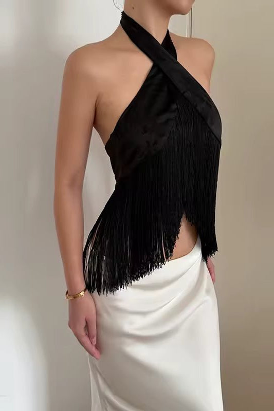 ZEYA - Gina Satin Fringed Halter Top