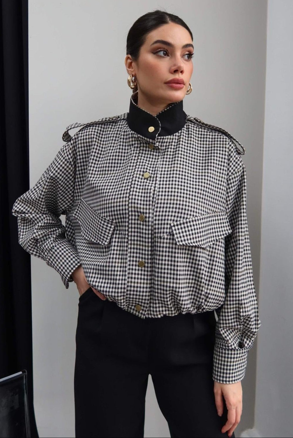 ZEYA - Lisa High Neck Checked Bomber Jacket