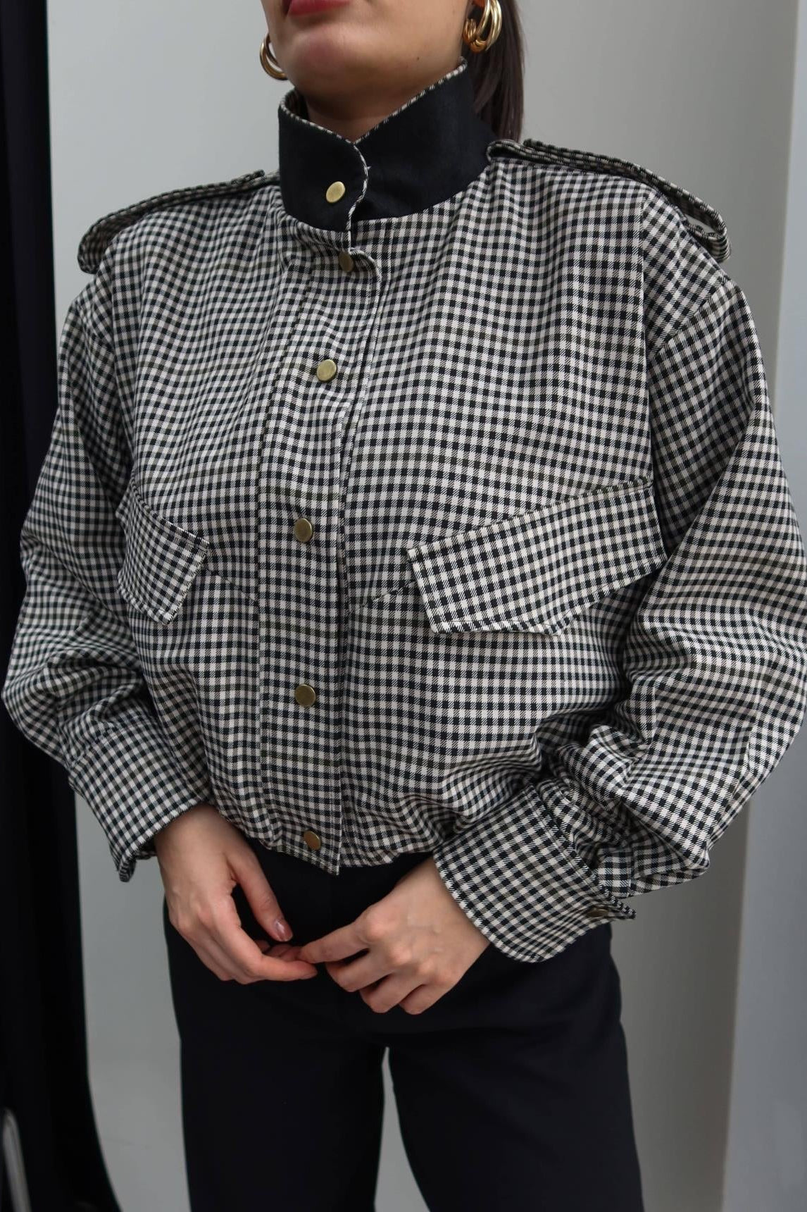 ZEYA - Lisa High Neck Checked Bomber Jacket