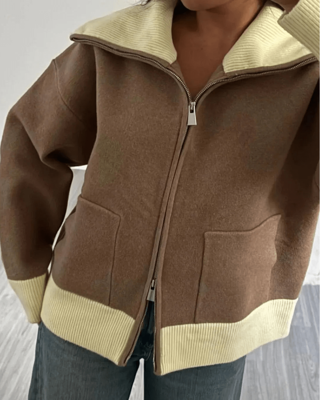 ZEYA - Monica Contrast Zip-Up Knit Cardigan