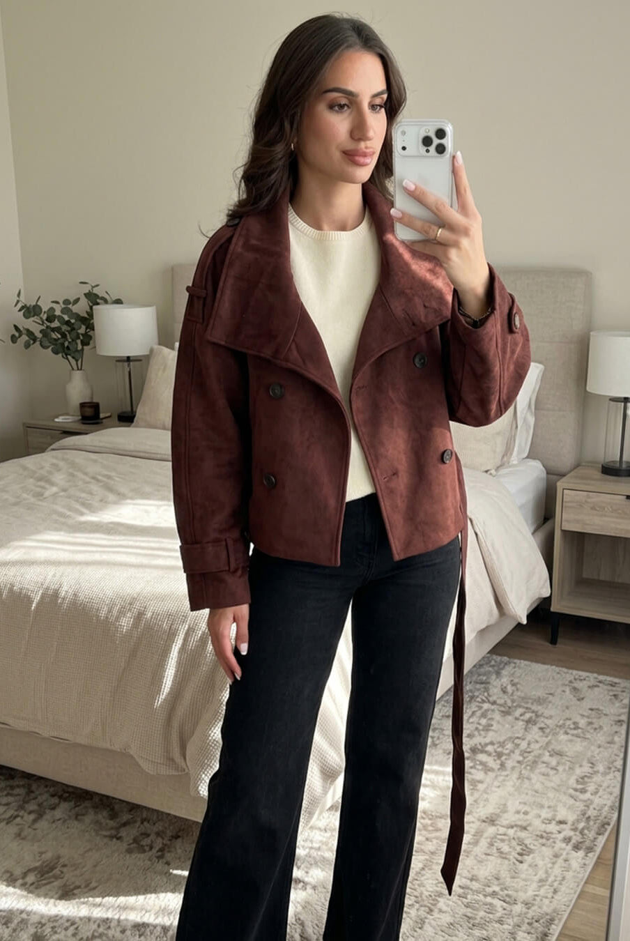 ZEYA - Nicole Funnel Neck Faux Suede Belted Jacket