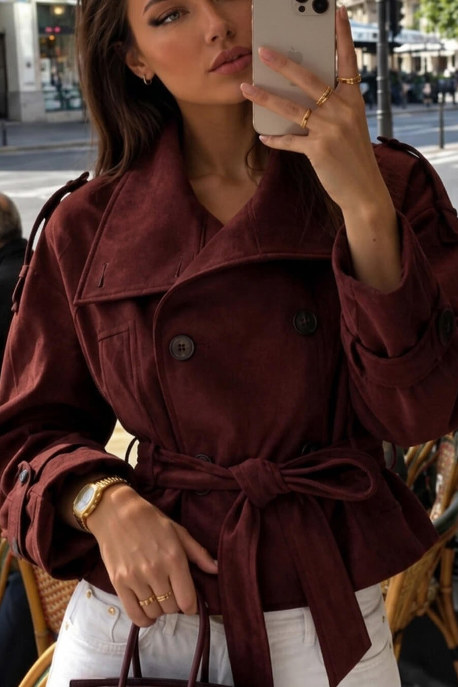 ZEYA - Nicole Funnel Neck Faux Suede Belted Jacket