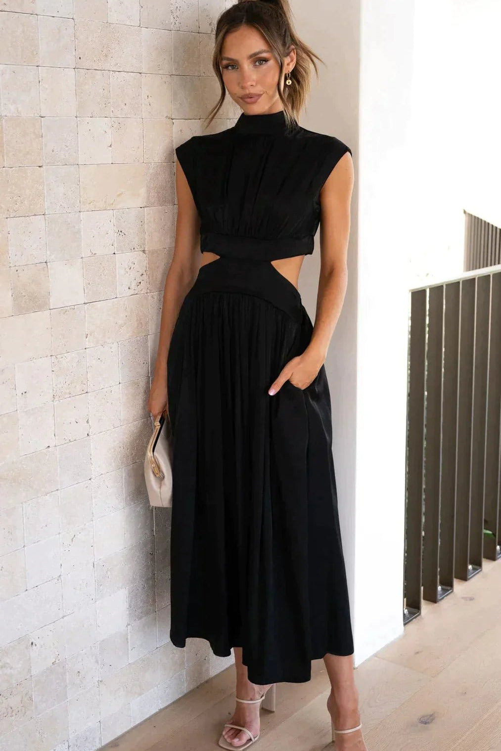 ZEYA - Syra High - Neck Midi Dress with Waist Cutouts