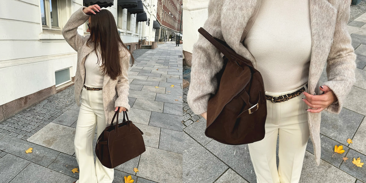 Street style in cream layers with a brown handbag, shown as a full outfit and a close detail.
