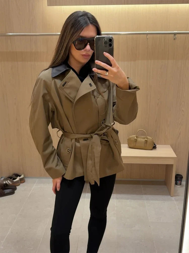 Mary Contrast Collar Belted Trench Coat