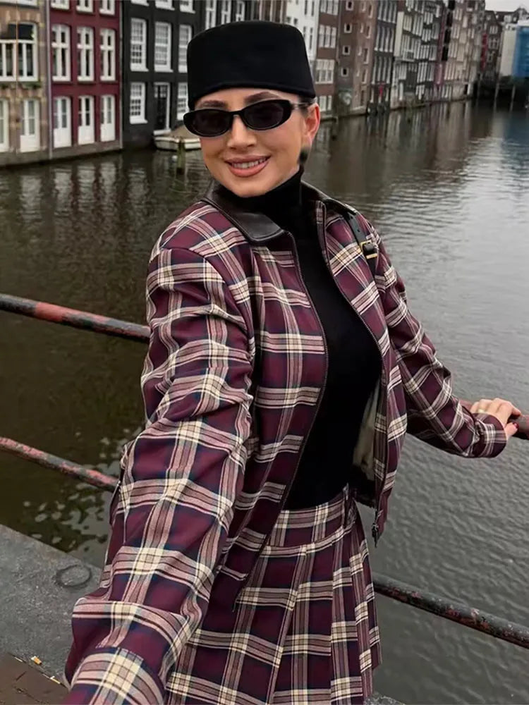 Denise Check Bomberjakke og Skorts-sett