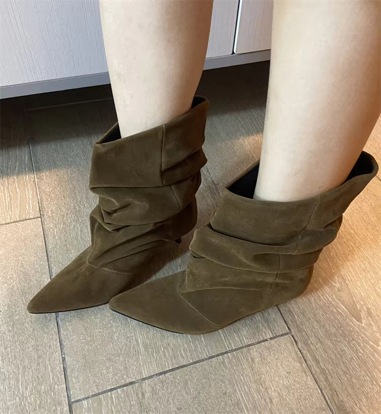 Nina Faux Suede Ruched Ankle Boots