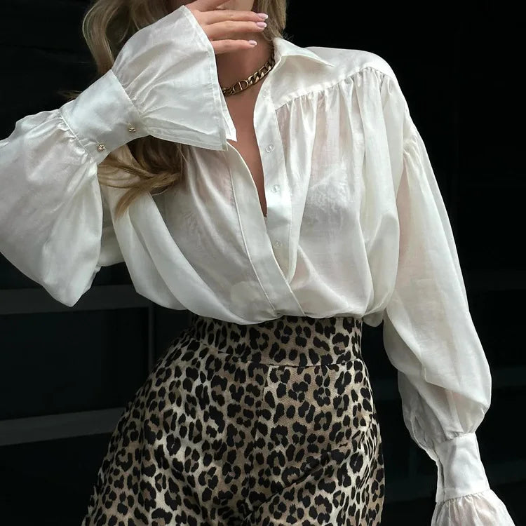 ZEYA Jane Oversized Ribbon-Tie Puff Sleeve Shirt in White