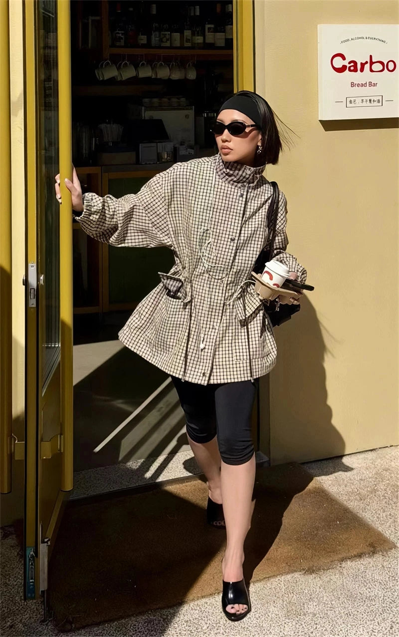 Isabel High-Neck Plaid Jacket