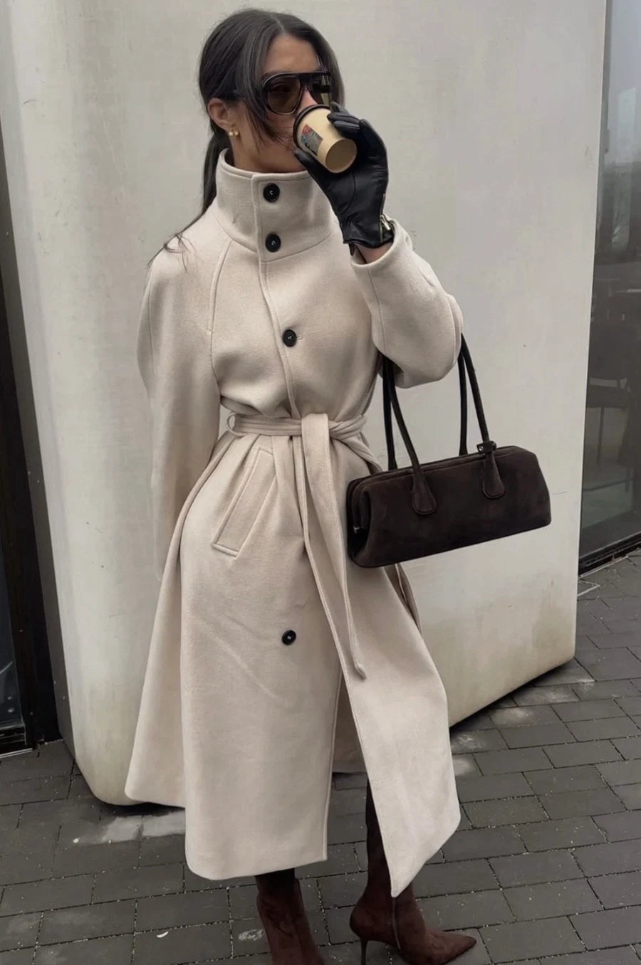 Feline Long Belted High Collar Coat