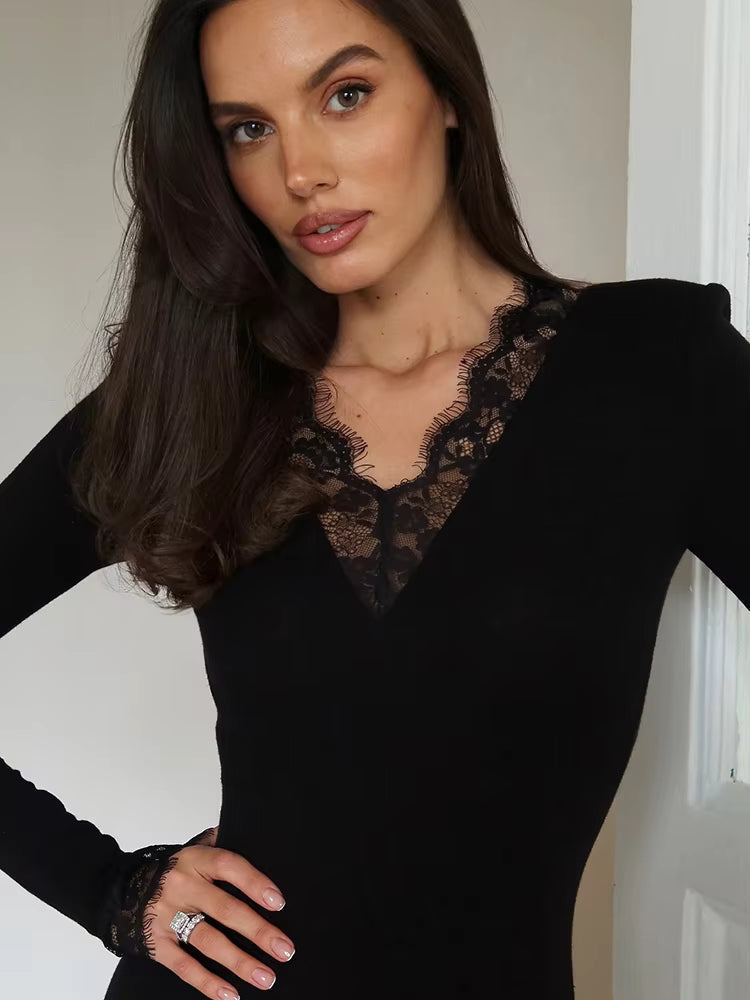 Hilda Lace Trim Slim Long Sleeve Mini Dress