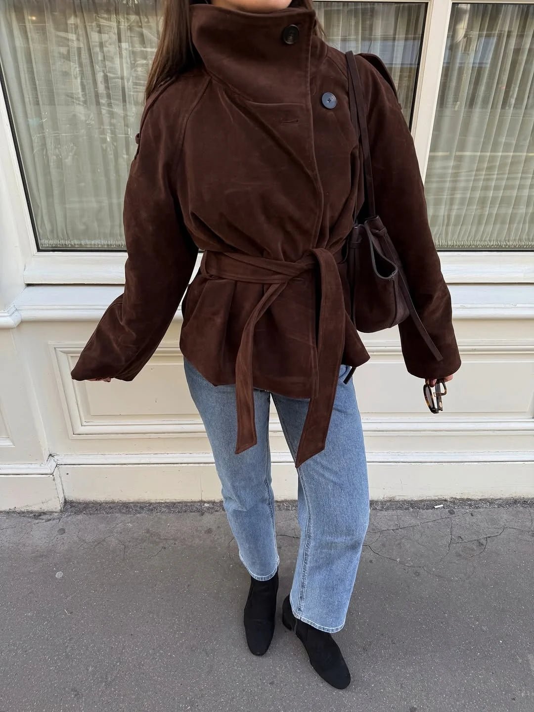 Josie trenchcoat i imitert semsket skinn med høy krage
