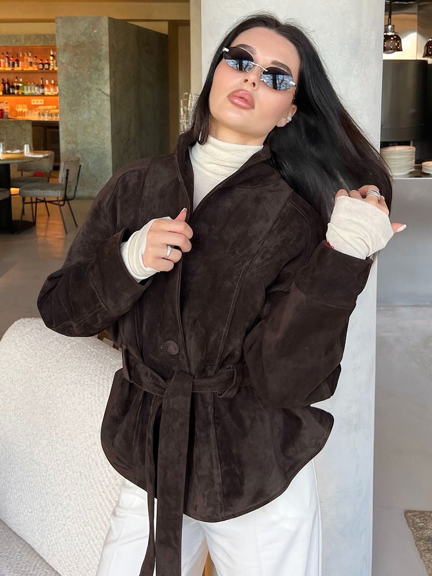 Annie beltebelagt trenchcoat i semsket skinn