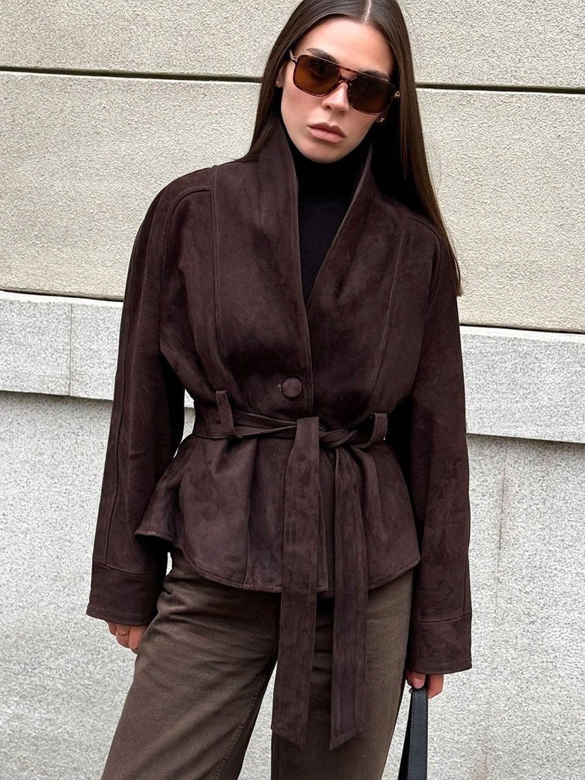 Annie beltebelagt trenchcoat i semsket skinn