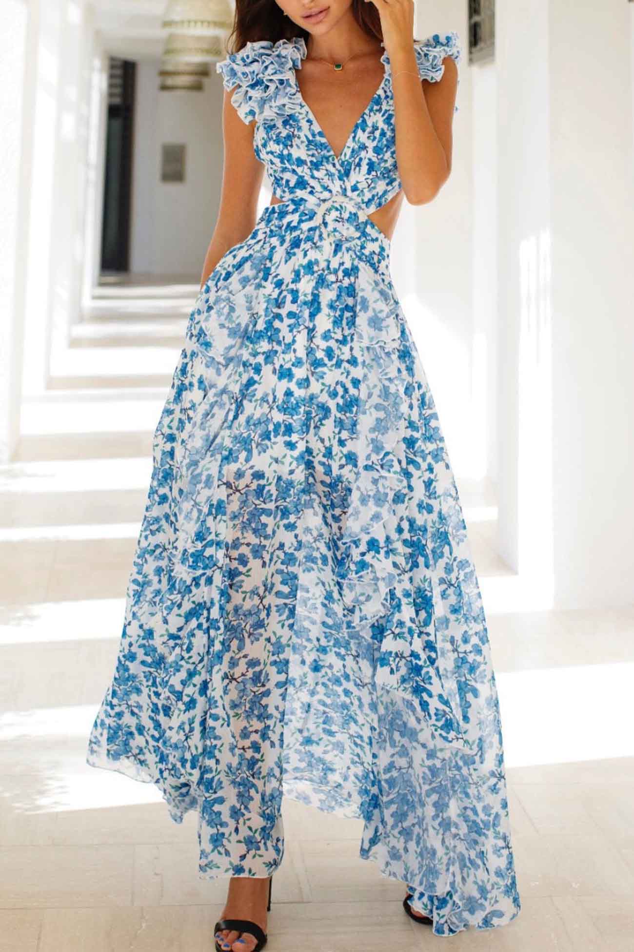 Katya maxi-kjole med blomster og volangerm