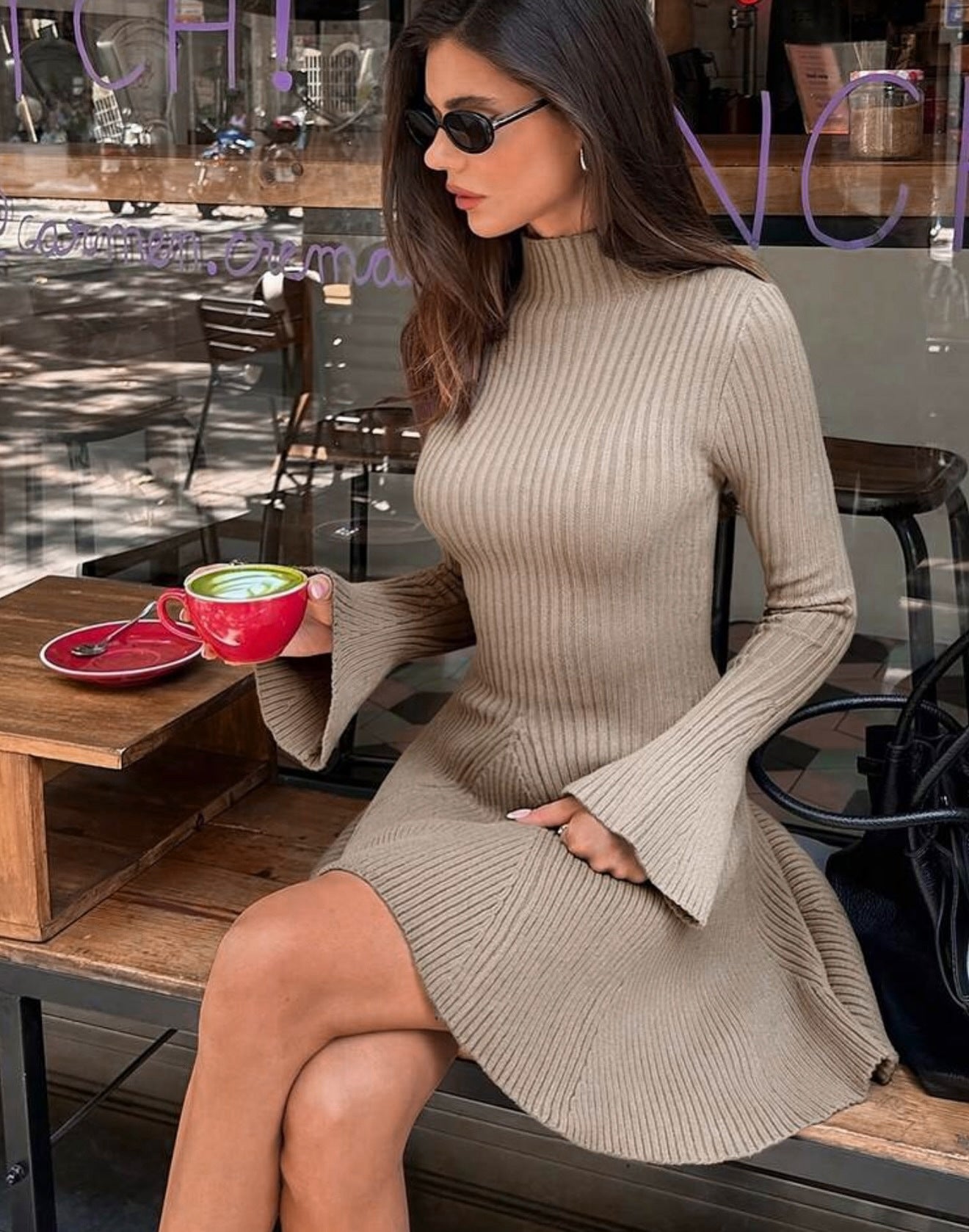 Anna Bell Sleeve Ribbed Knit Sweater Dress
