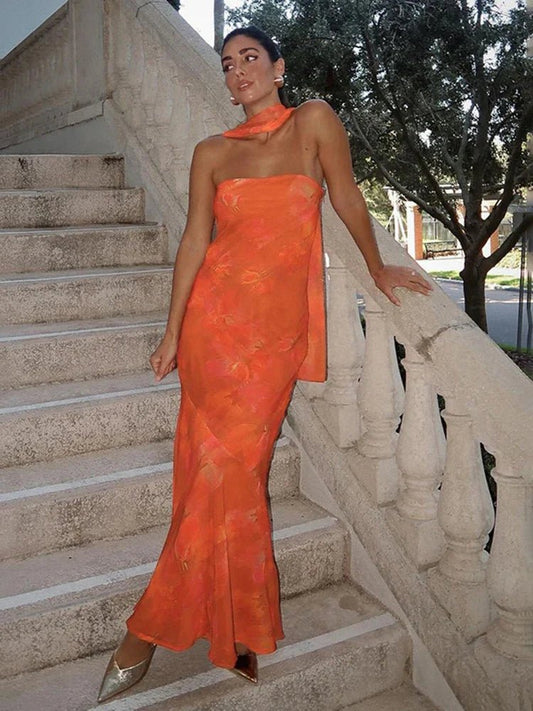 Rina stroppeløs mesh maxi-kjole