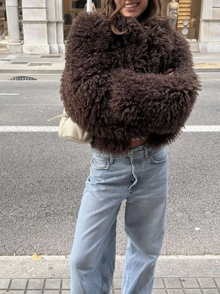 ZEYA Almira Fuzzy Faux Fur Coat in Brown