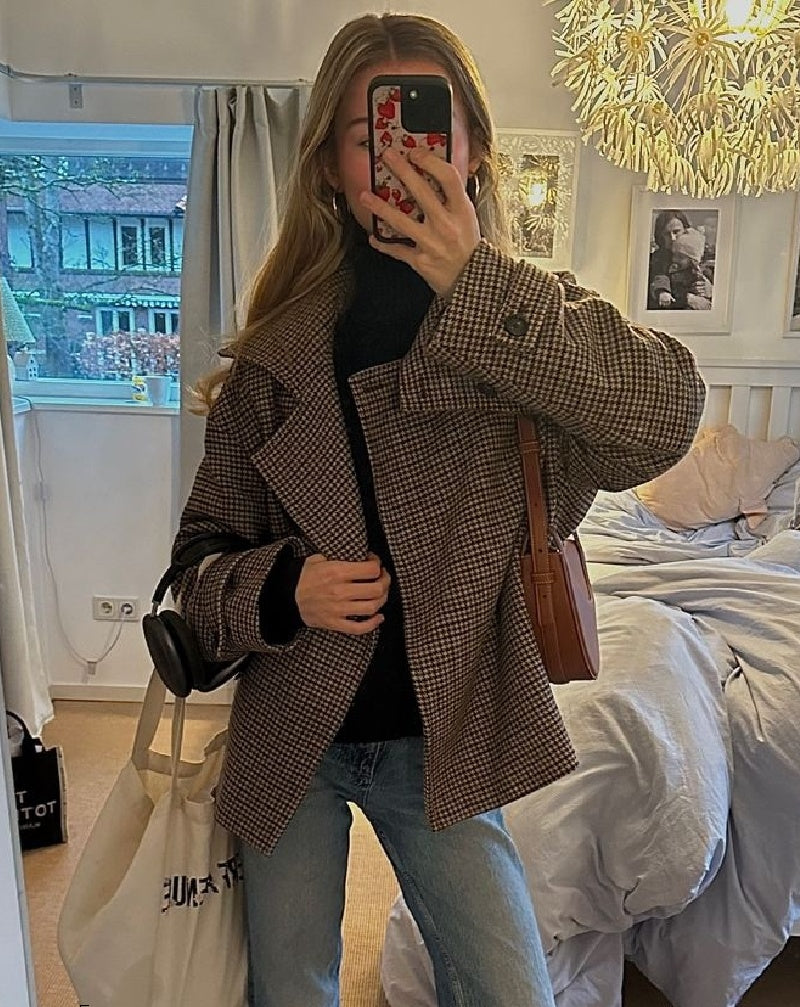 Emilia Houndstooth Buttoned Stand Collar Jacket