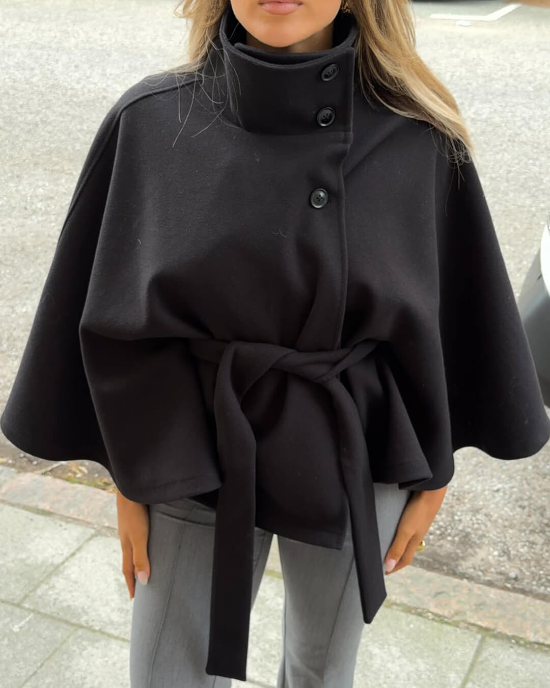 ZEYA - Arianne Elegant High - Neck Belted Cape Jacket