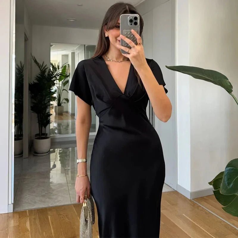 ZEYA - Briona V Neck Satin Midi Dress