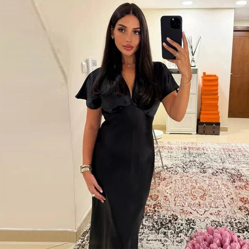ZEYA - Briona V Neck Satin Midi Dress