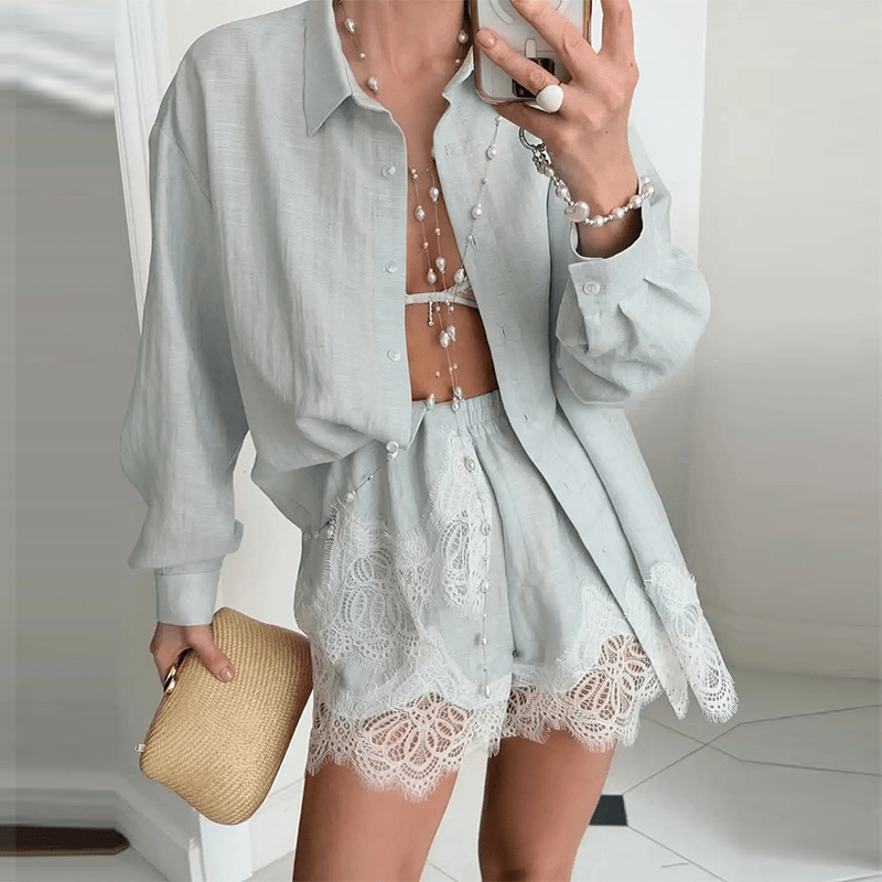 ZEYA - Helena Lace Patchwork Beach Shirt Set