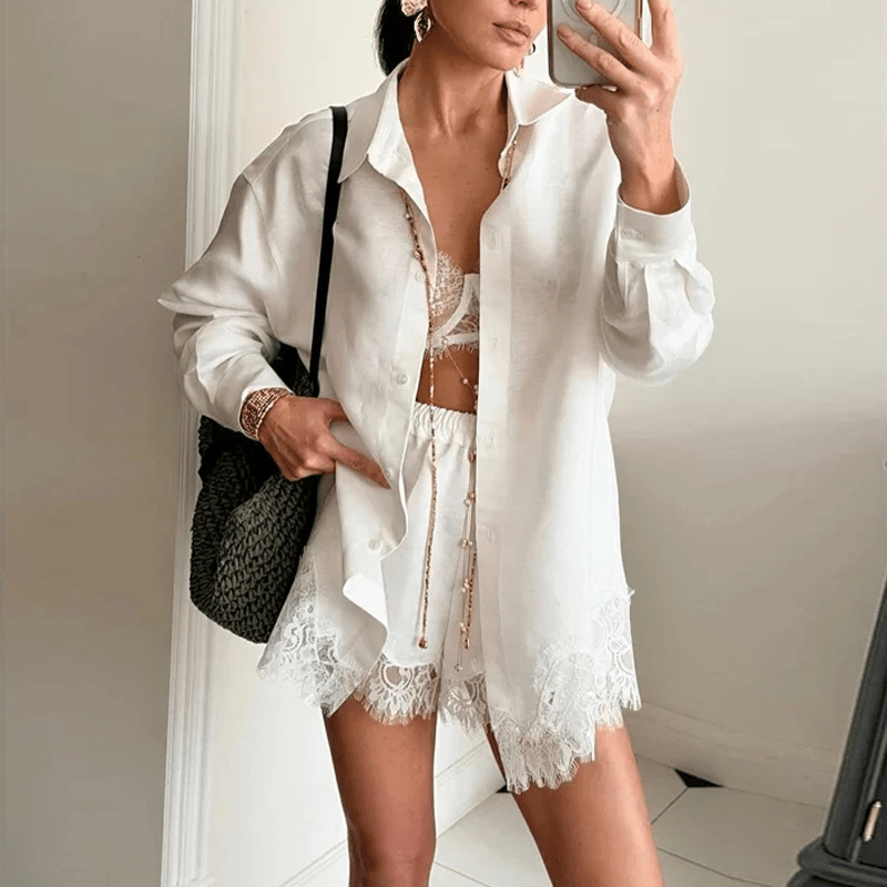 ZEYA - Helena Lace Patchwork Beach Shirt Set