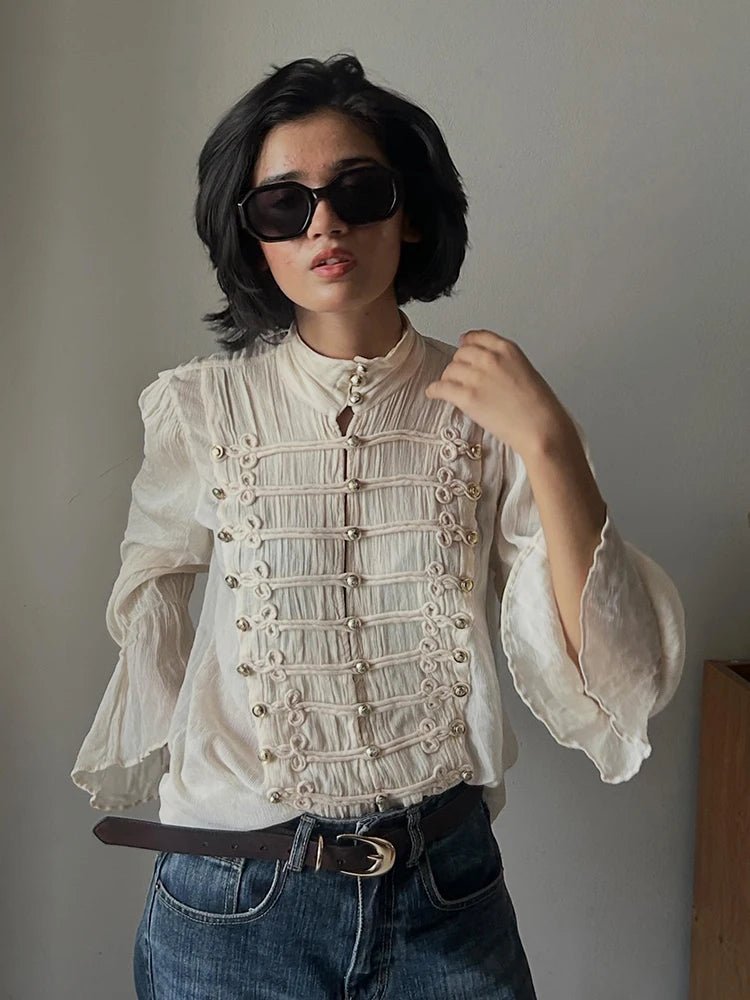 Miranda Vintage bluse med ståkrage og froskeknapper