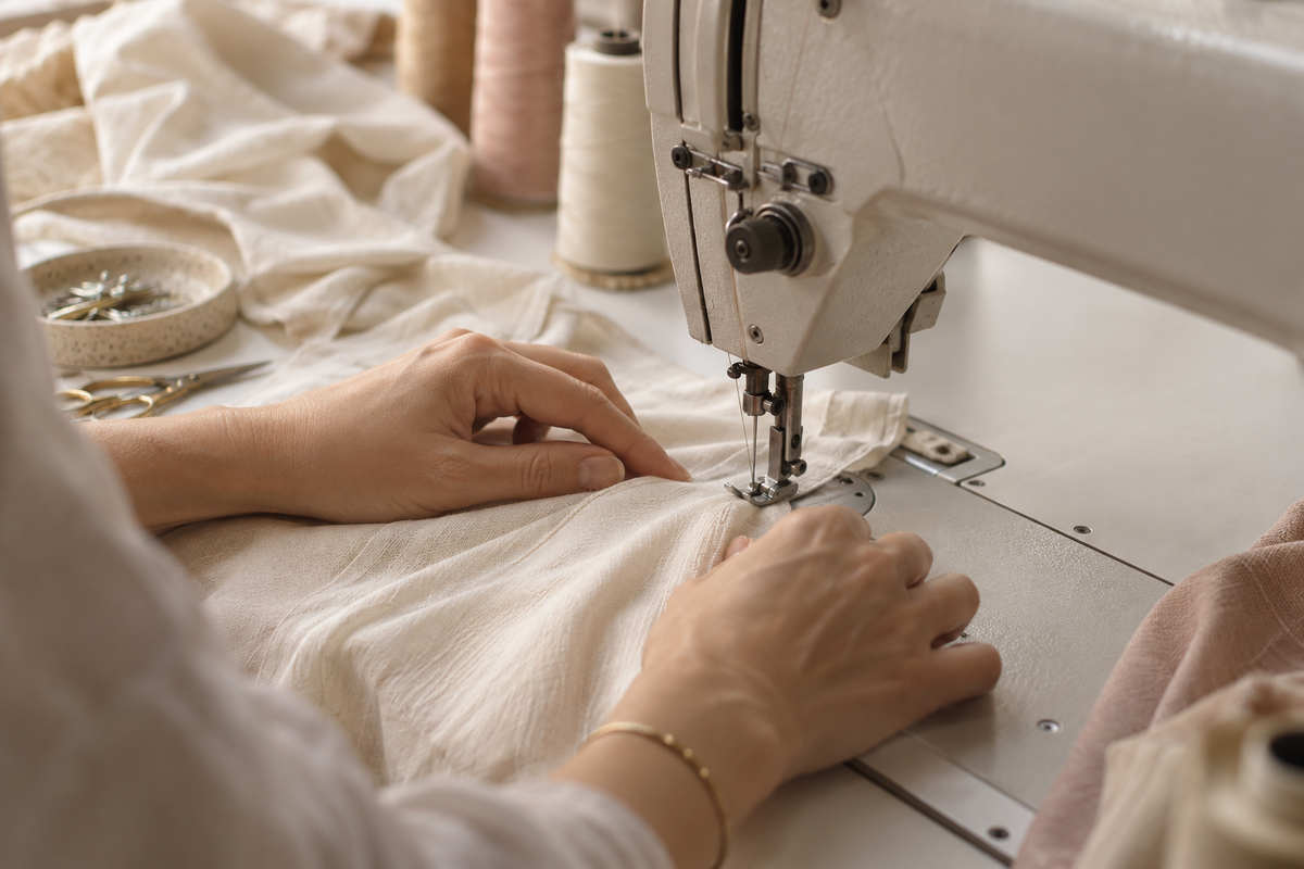 AI-generated illustration of hands guiding fabric through a sewing machine.