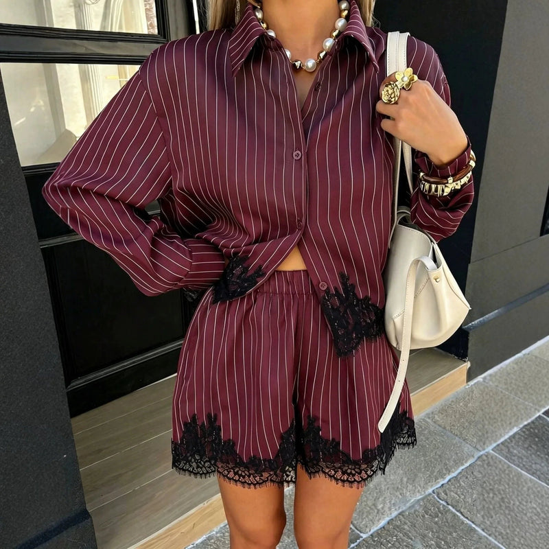 ZEYA - Sabrina Pinstripe Lace Trim Shorts Set