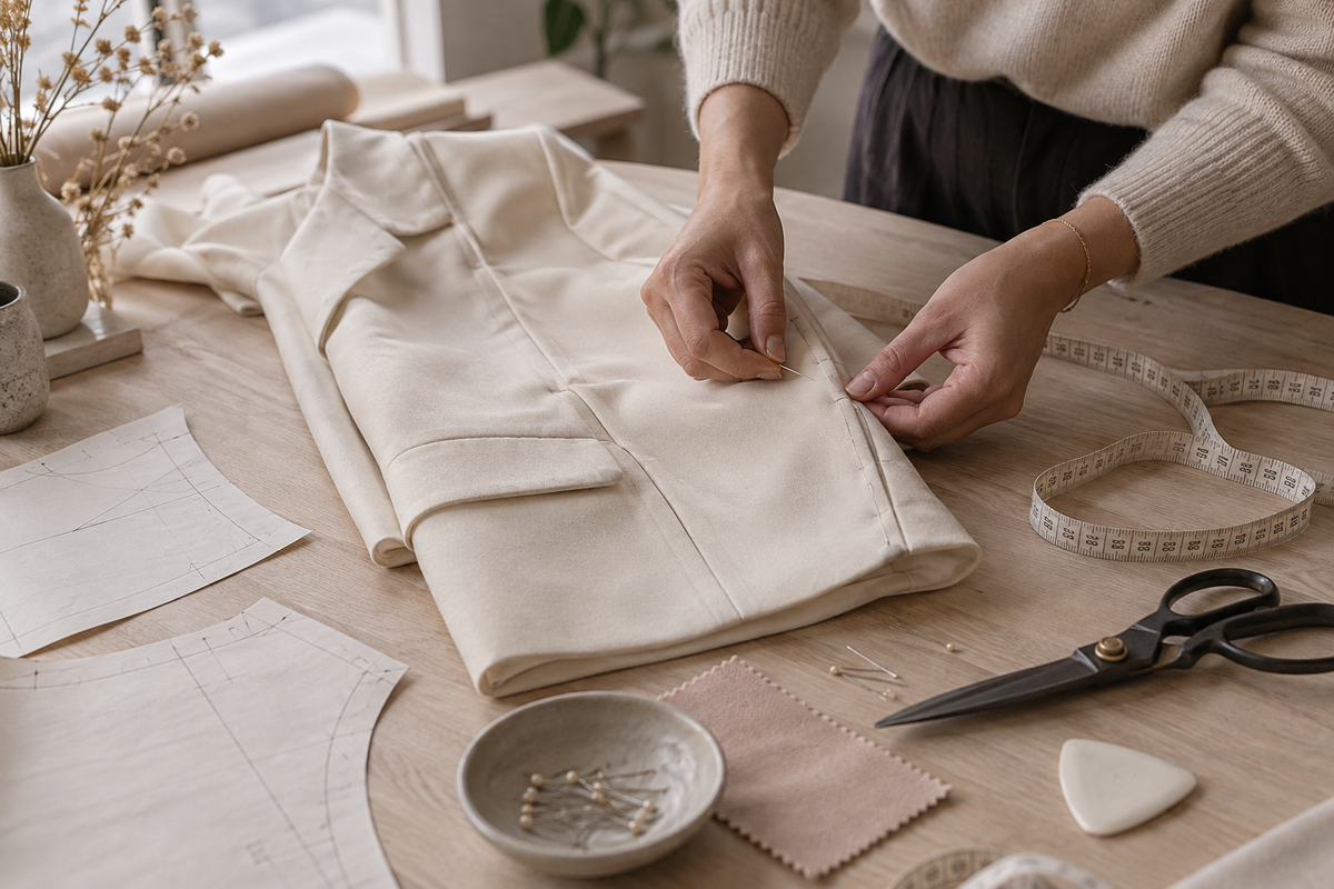 AI-generated illustration of hands pinning a cream jacket sample.