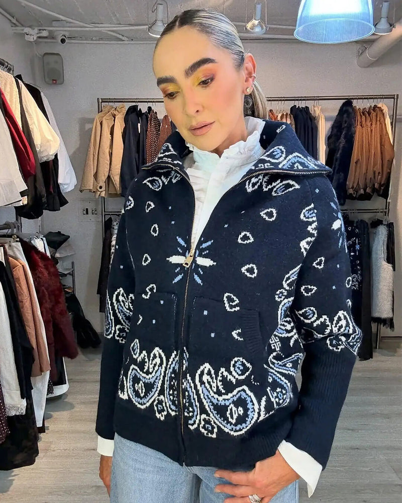 ZEYA Stacey Paisley Knitted Cardigan in Dark Blue