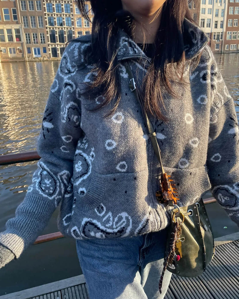 ZEYA Stacey Paisley Knitted Cardigan in Gray